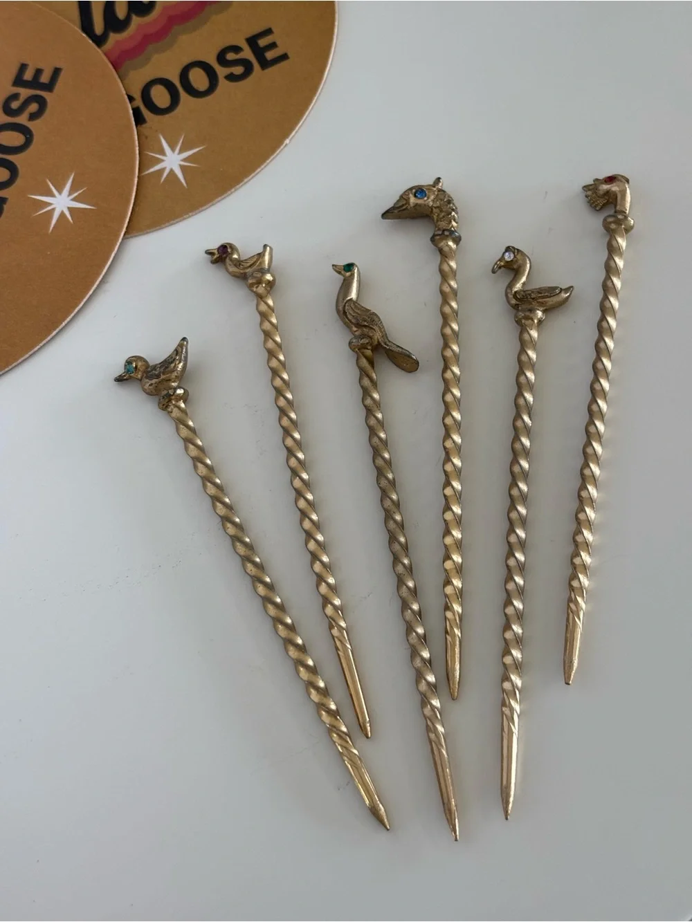 Vintage Mid-century Modern Gold Tone Metal Bird Cocktail Picks Set of 6